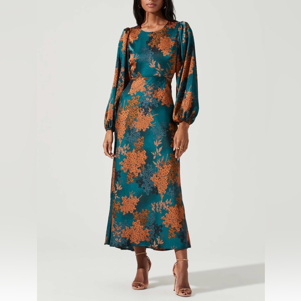 🧡 Astr Teal and Orange Floral Long Sleeve Dress - Perfect for Fall / Winter